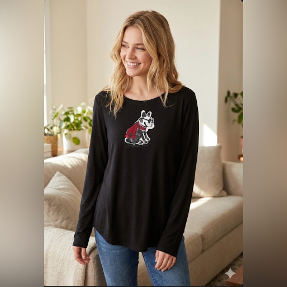 HUE Black Long Sleeve Top dog design size L